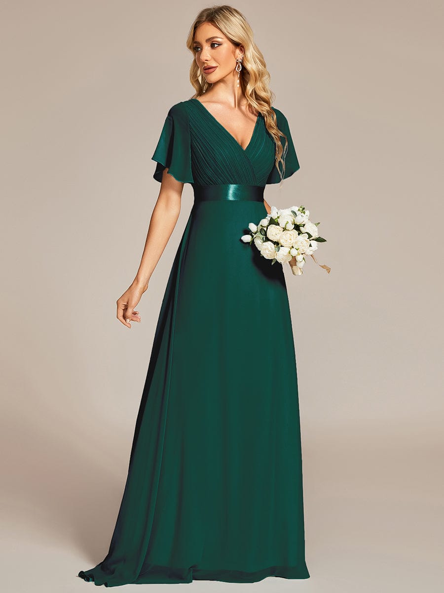 Long Empire Waist Bridesmaid Dress with Short Flutter Sleeves