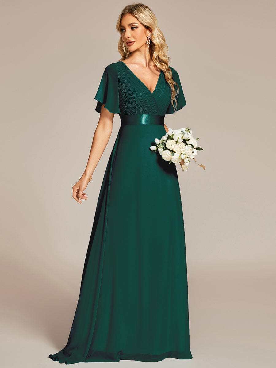 Long Empire Waist Bridesmaid Dress with Short Flutter Sleeves