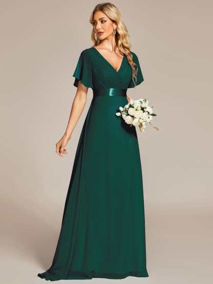 Long Empire Waist Bridesmaid Dress with Short Flutter Sleeves