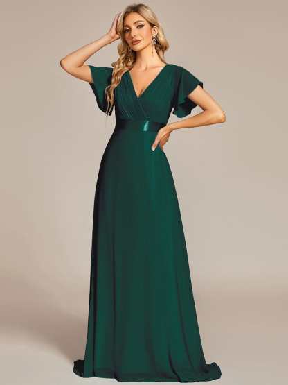 Long Empire Waist Bridesmaid Dress with Short Flutter Sleeves