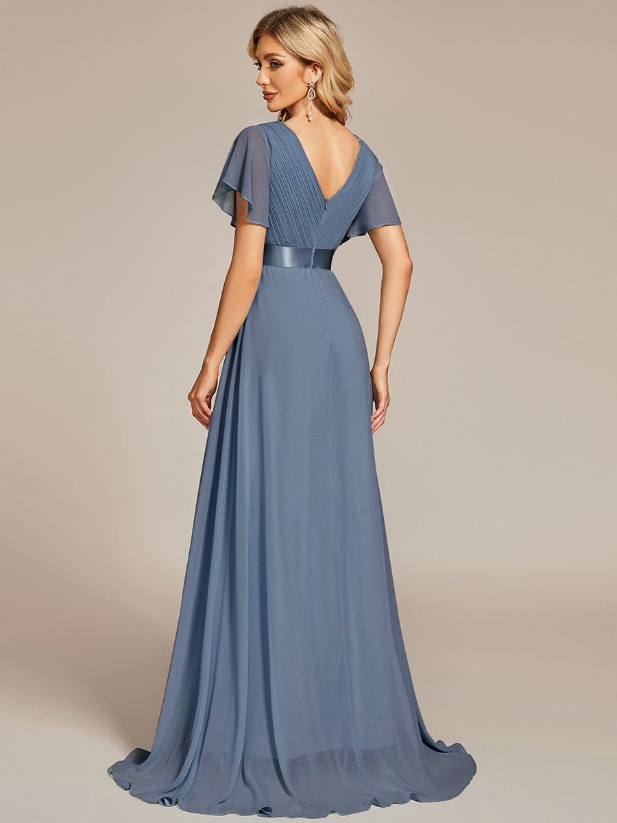 Long Empire Waist Bridesmaid Dress with Short Flutter Sleeves