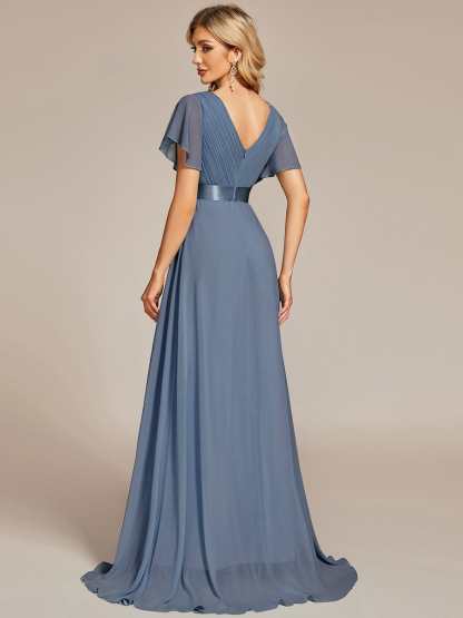Long Empire Waist Bridesmaid Dress with Short Flutter Sleeves