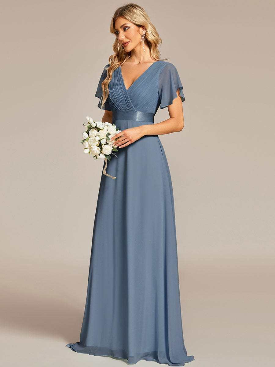 Long Empire Waist Bridesmaid Dress with Short Flutter Sleeves