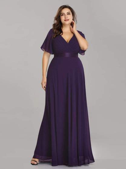 Long Empire Waist Bridesmaid Dress with Short Flutter Sleeves