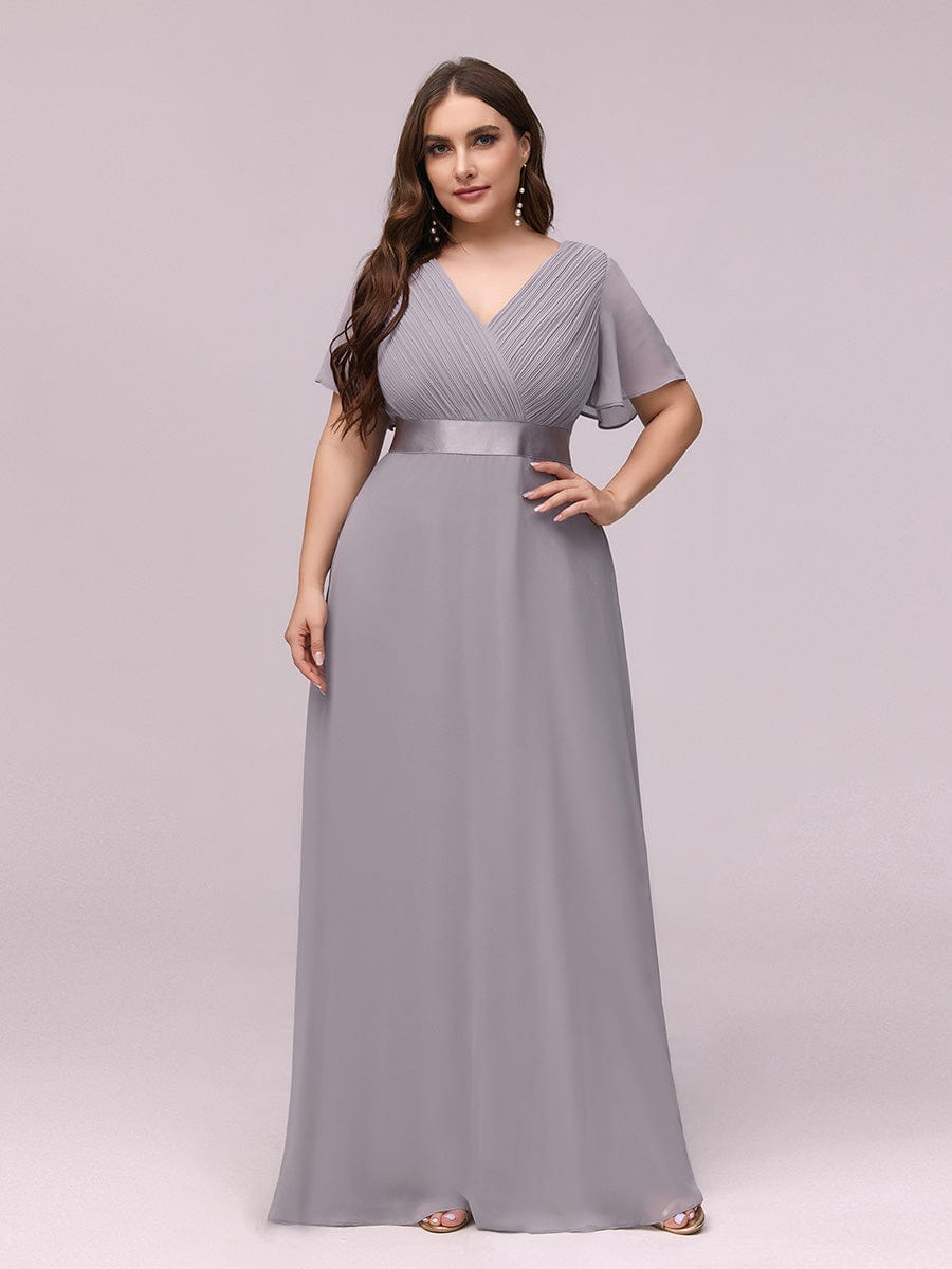 Long Empire Waist Bridesmaid Dress with Short Flutter Sleeves