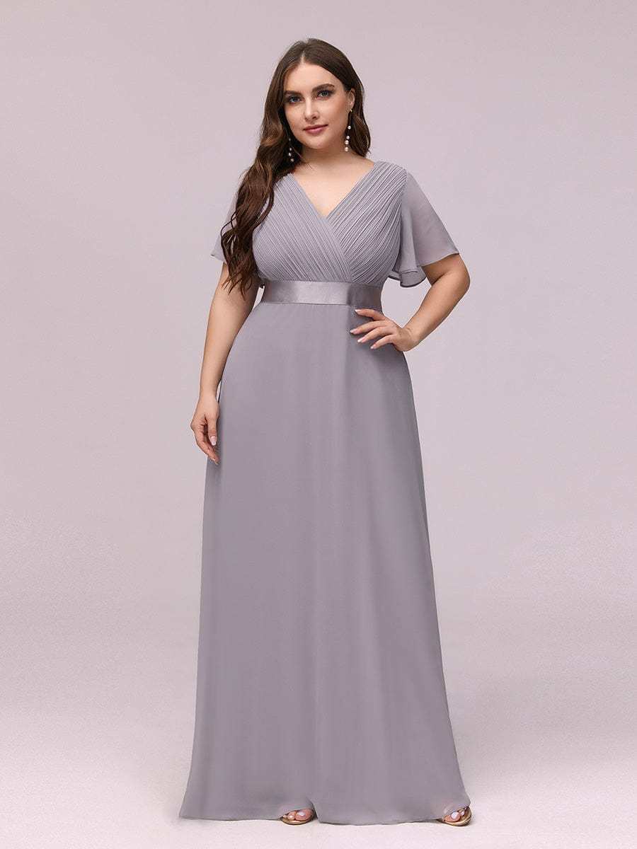 Long Empire Waist Bridesmaid Dress with Short Flutter Sleeves