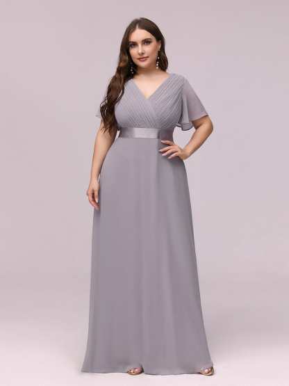 Long Empire Waist Bridesmaid Dress with Short Flutter Sleeves