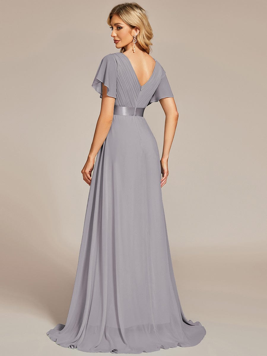Long Empire Waist Bridesmaid Dress with Short Flutter Sleeves