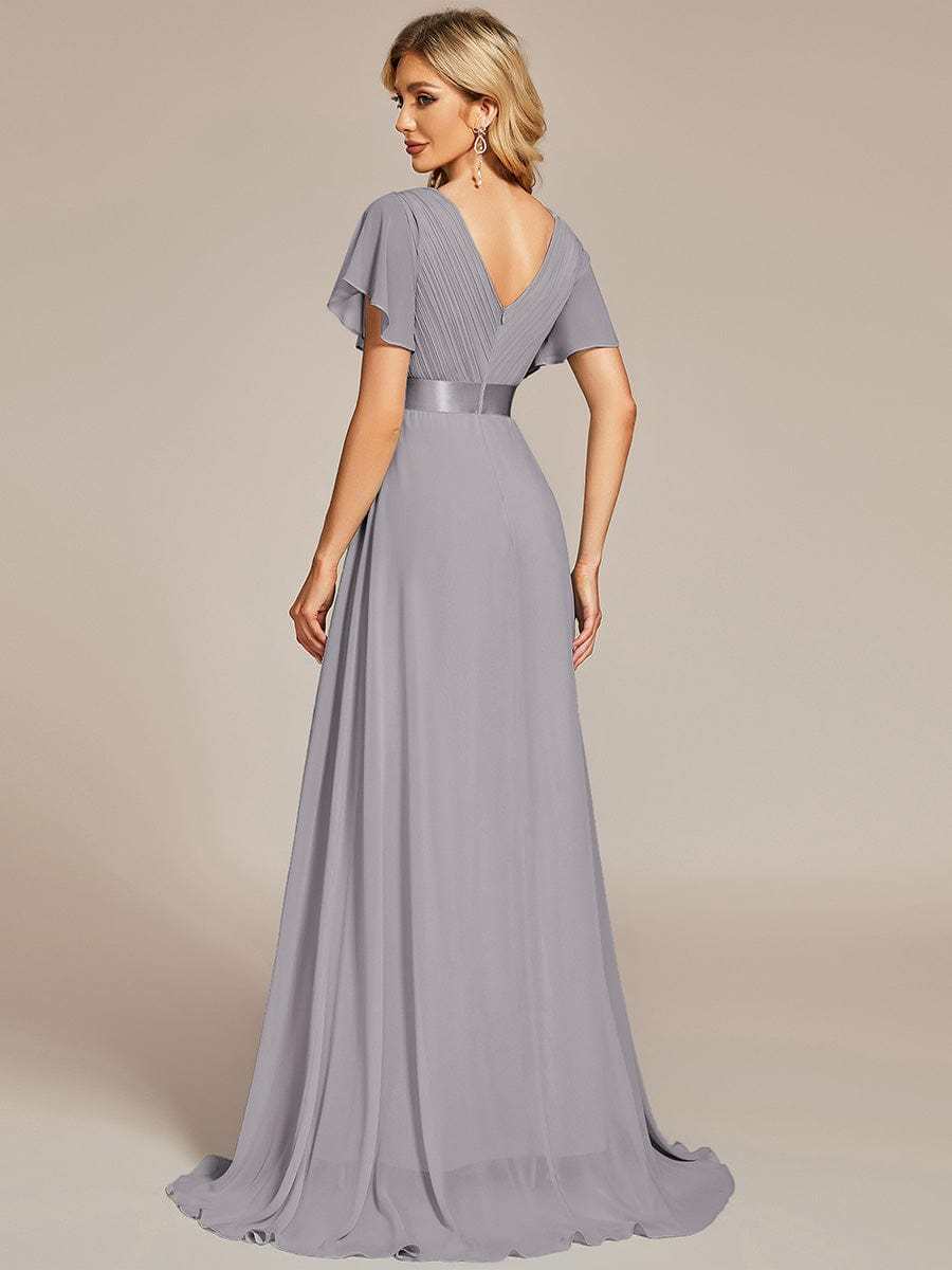 Long Empire Waist Bridesmaid Dress with Short Flutter Sleeves