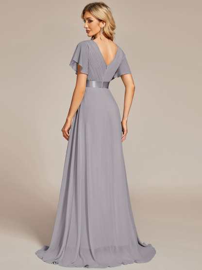 Long Empire Waist Bridesmaid Dress with Short Flutter Sleeves