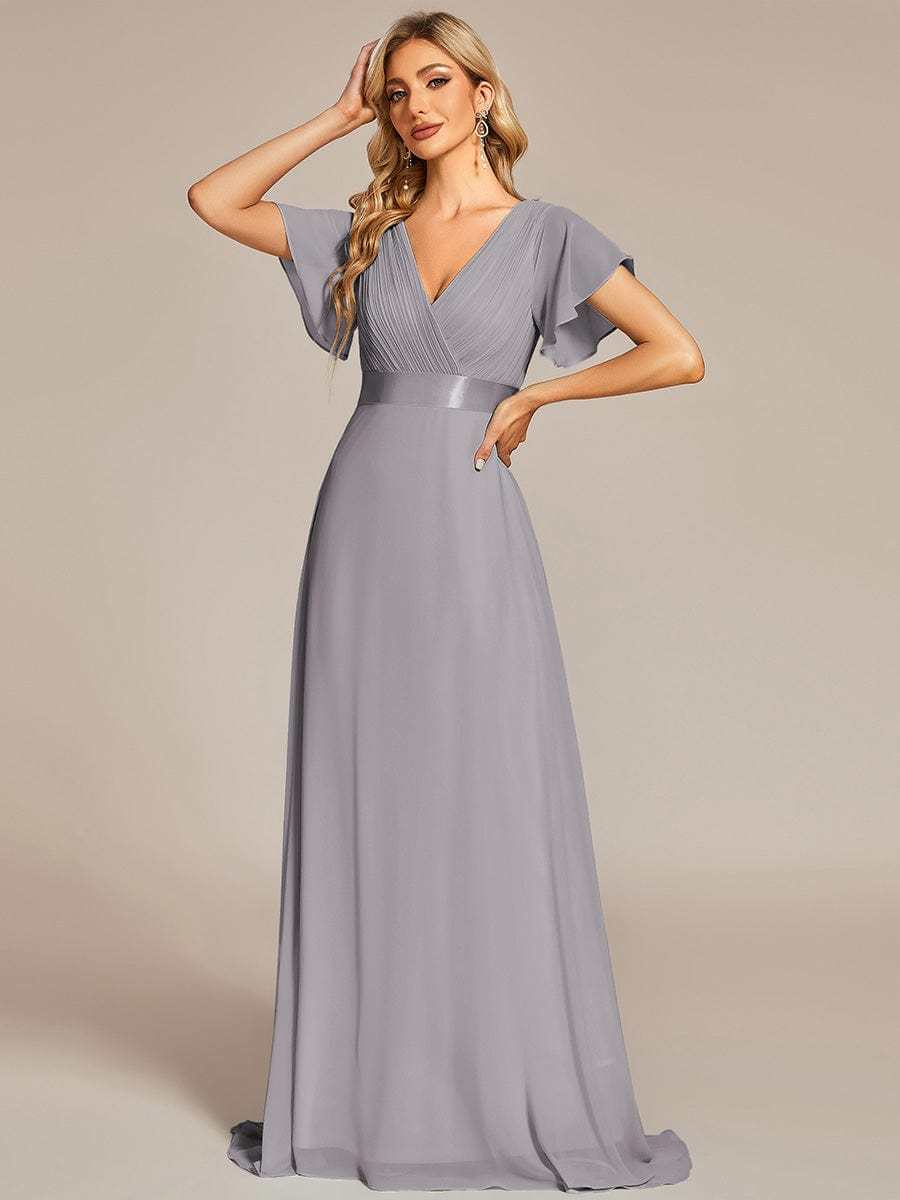 Long Empire Waist Bridesmaid Dress with Short Flutter Sleeves
