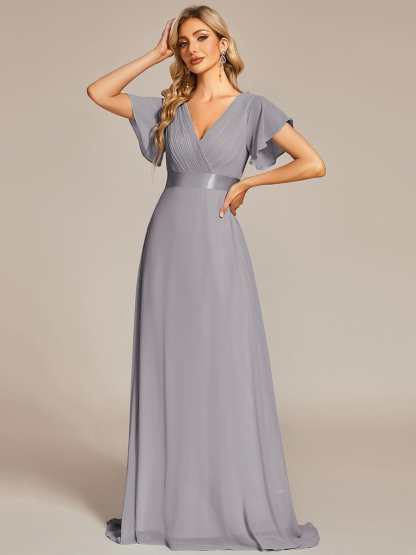 Long Empire Waist Bridesmaid Dress with Short Flutter Sleeves