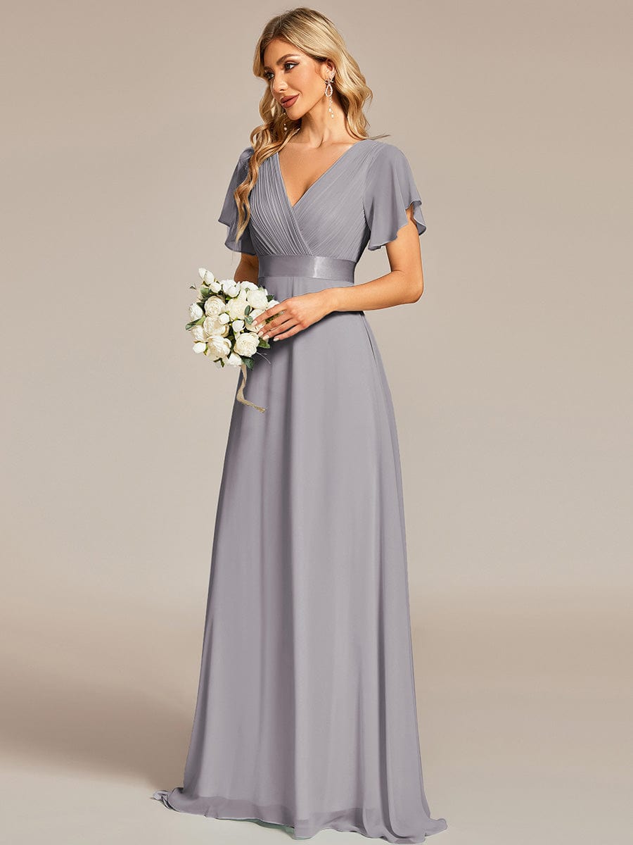 Long Empire Waist Bridesmaid Dress with Short Flutter Sleeves