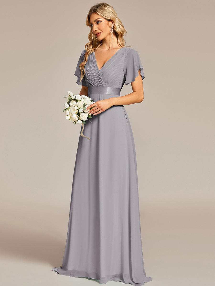 Long Empire Waist Bridesmaid Dress with Short Flutter Sleeves