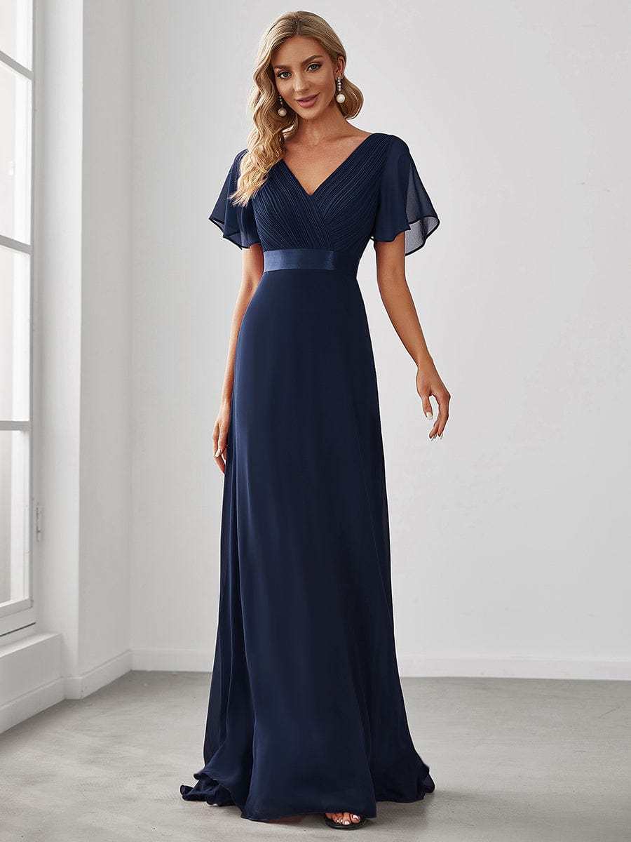Long Empire Waist Bridesmaid Dress with Short Flutter Sleeves