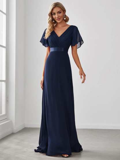 Long Empire Waist Bridesmaid Dress with Short Flutter Sleeves
