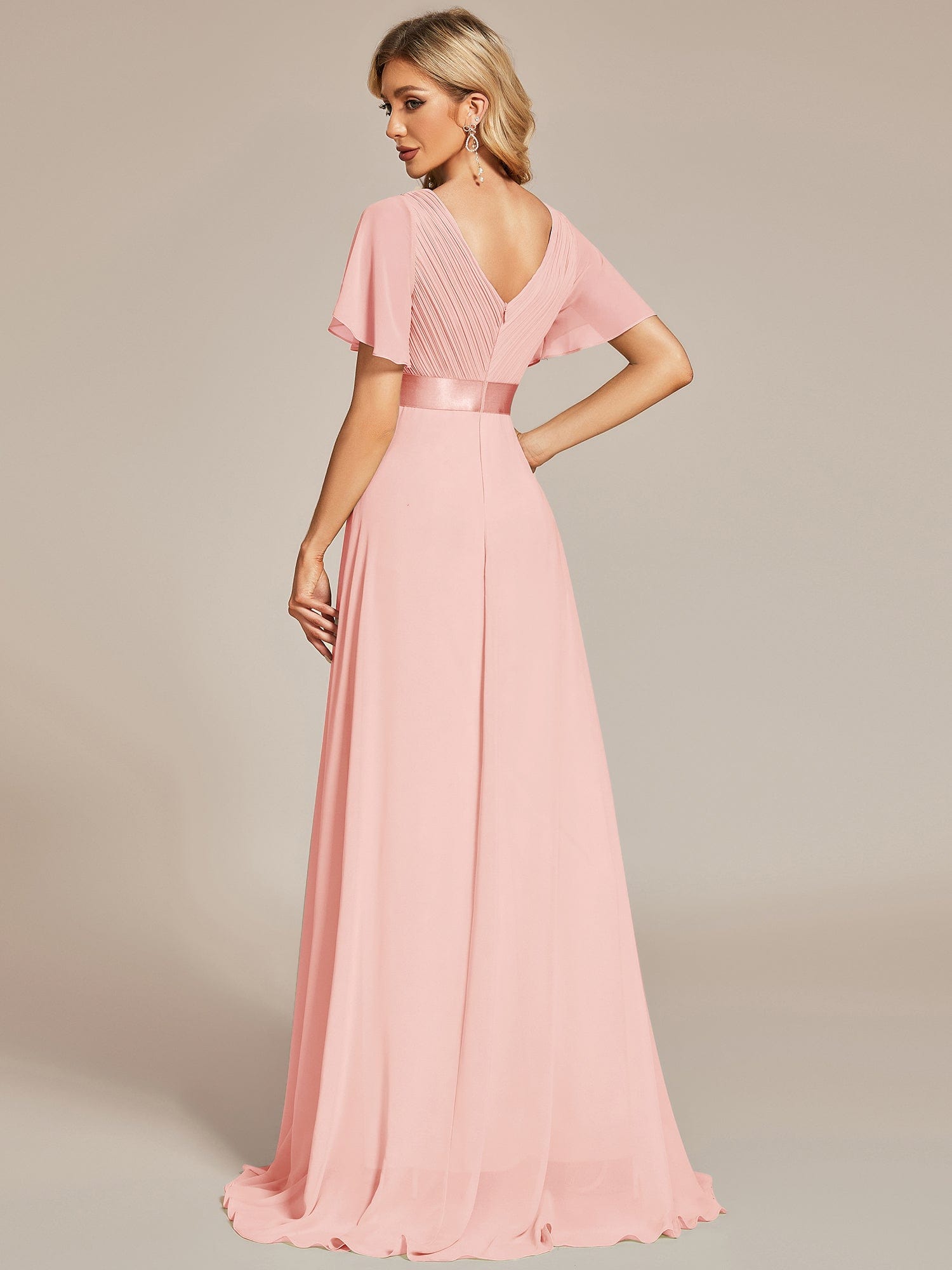 Long Empire Waist Bridesmaid Dress with Short Flutter Sleeves