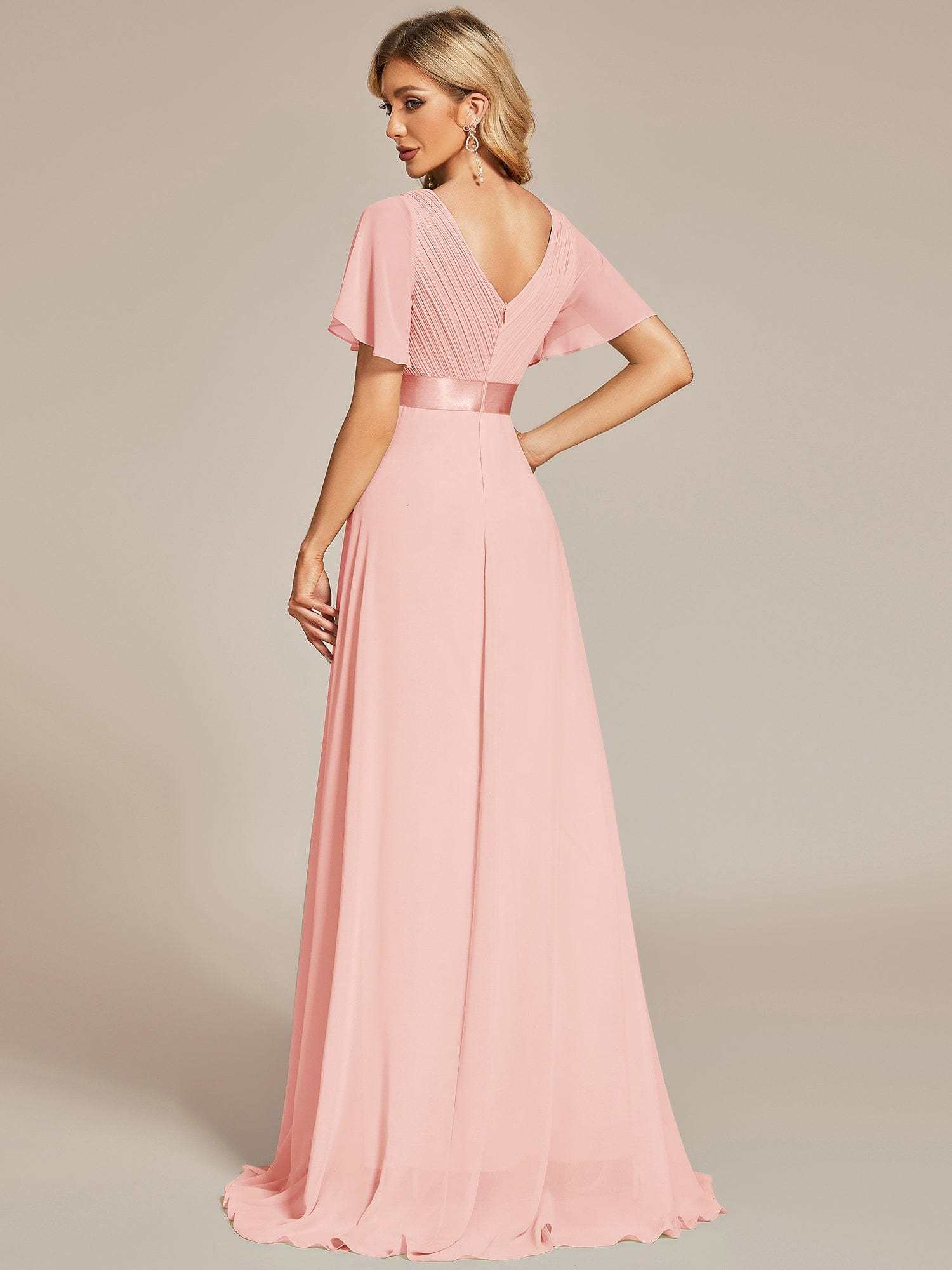Long Empire Waist Bridesmaid Dress with Short Flutter Sleeves