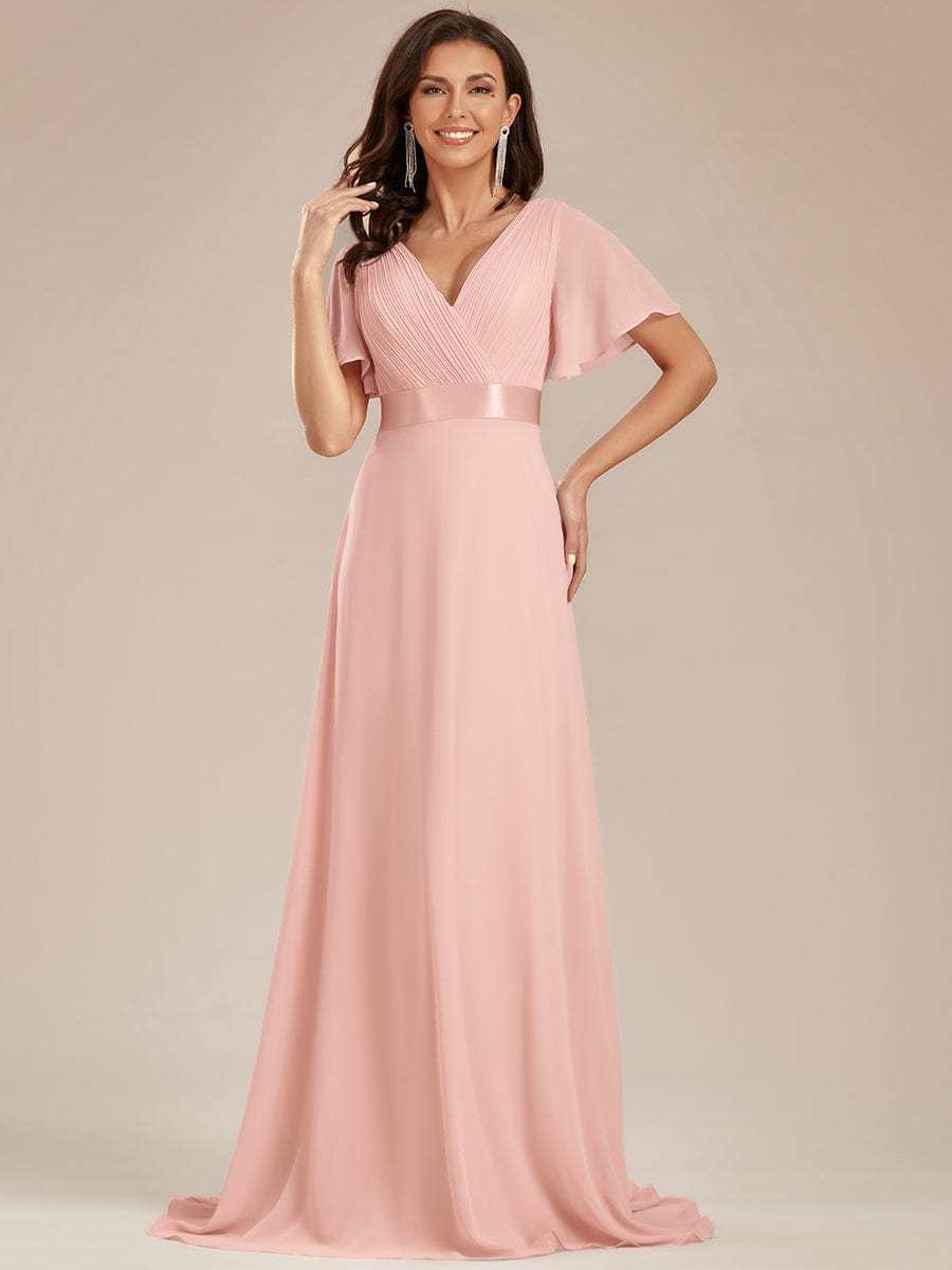 Long Empire Waist Bridesmaid Dress with Short Flutter Sleeves
