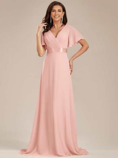Long Empire Waist Bridesmaid Dress with Short Flutter Sleeves