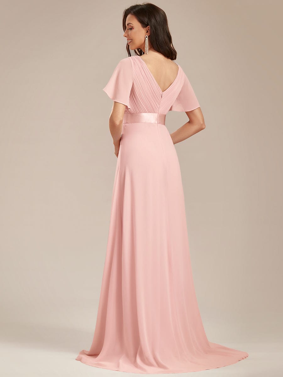Long Empire Waist Bridesmaid Dress with Short Flutter Sleeves