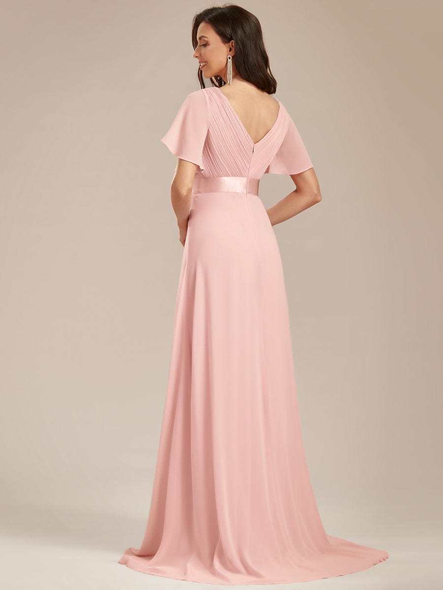 Long Empire Waist Bridesmaid Dress with Short Flutter Sleeves
