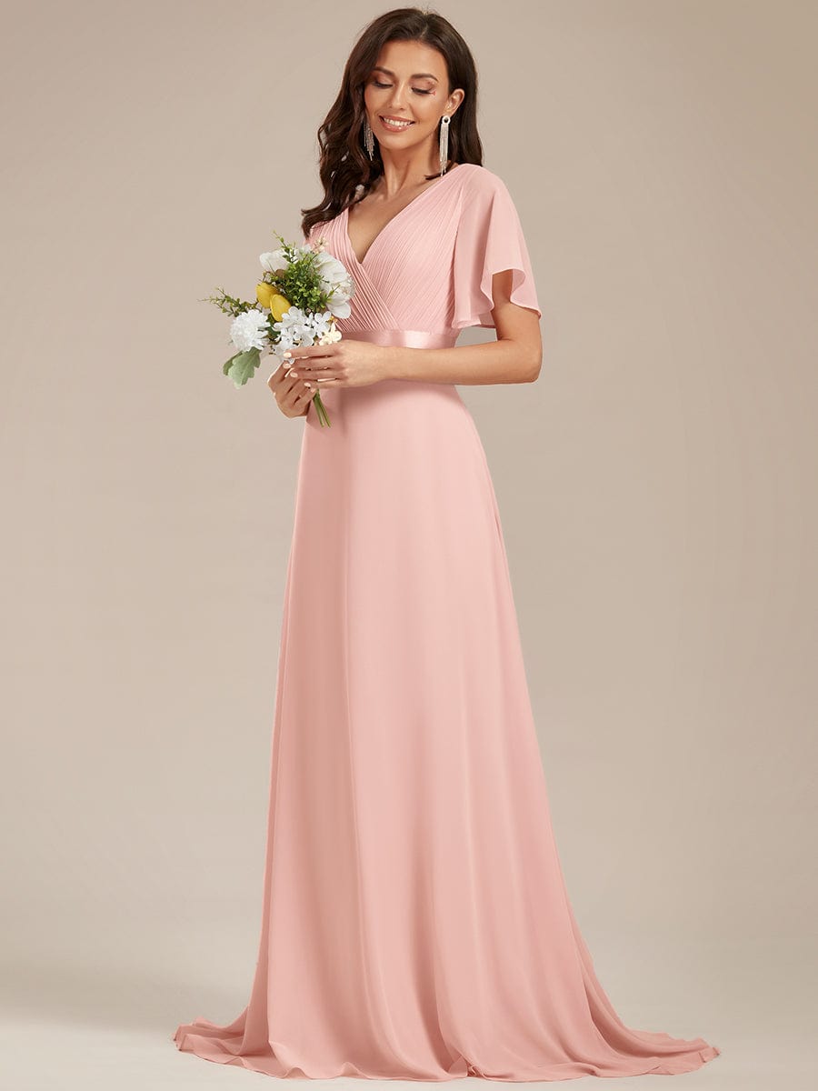 Long Empire Waist Bridesmaid Dress with Short Flutter Sleeves