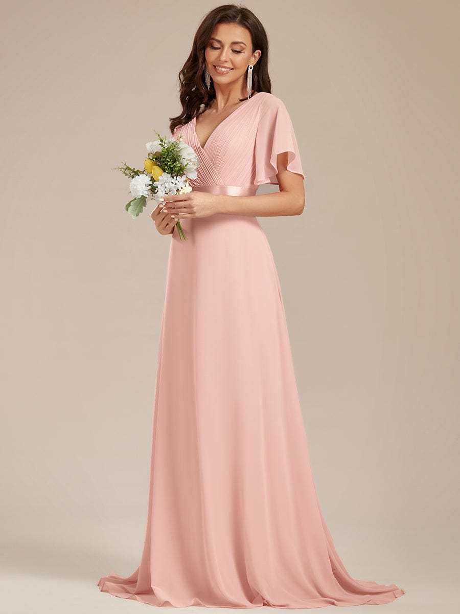 Long Empire Waist Bridesmaid Dress with Short Flutter Sleeves