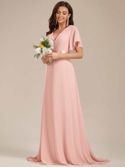 Long Empire Waist Bridesmaid Dress with Short Flutter Sleeves