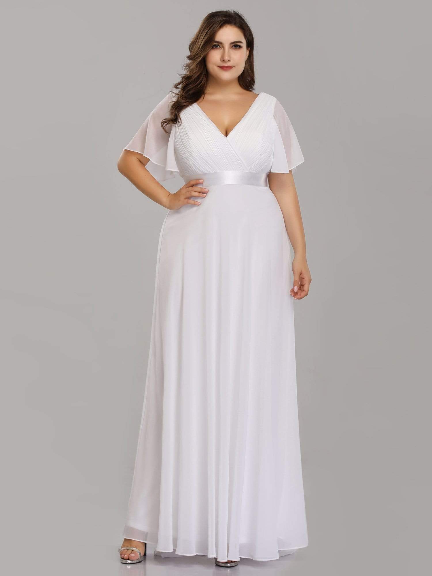 Long Empire Waist Bridesmaid Dress with Short Flutter Sleeves