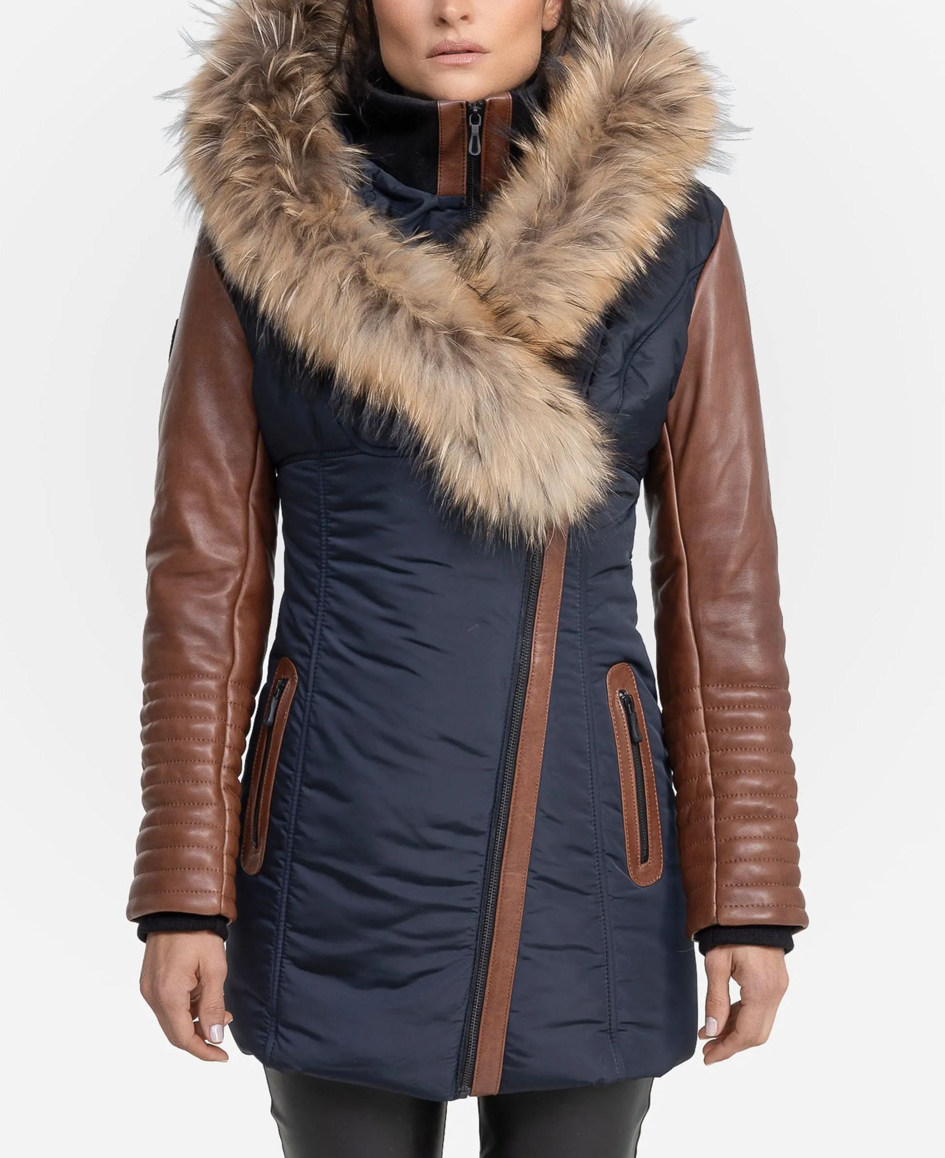 Melania Down Puffer With Leather Sleeves