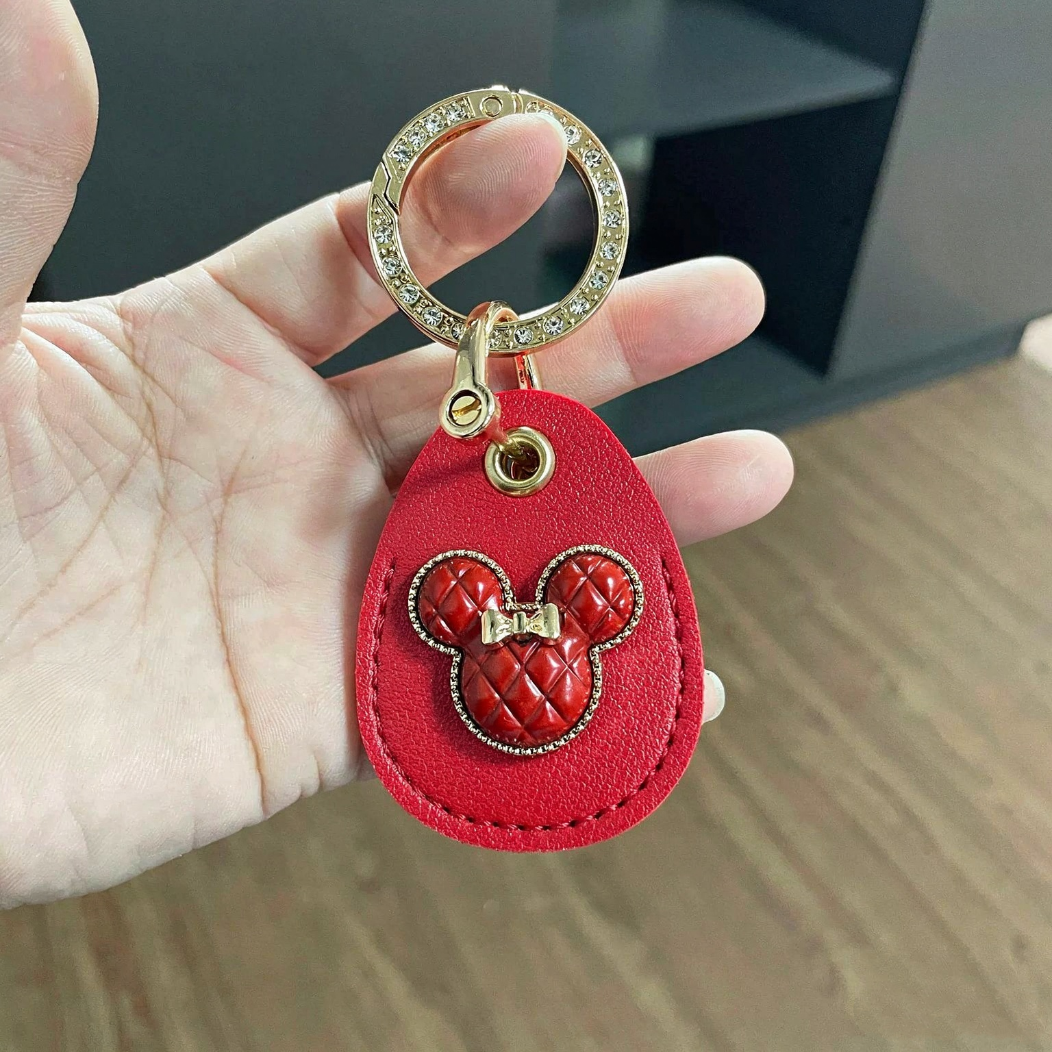 PU Leather Mickey Mouse Head Waterdrop Style Keyring Keychain Rhinestone Circle Netby