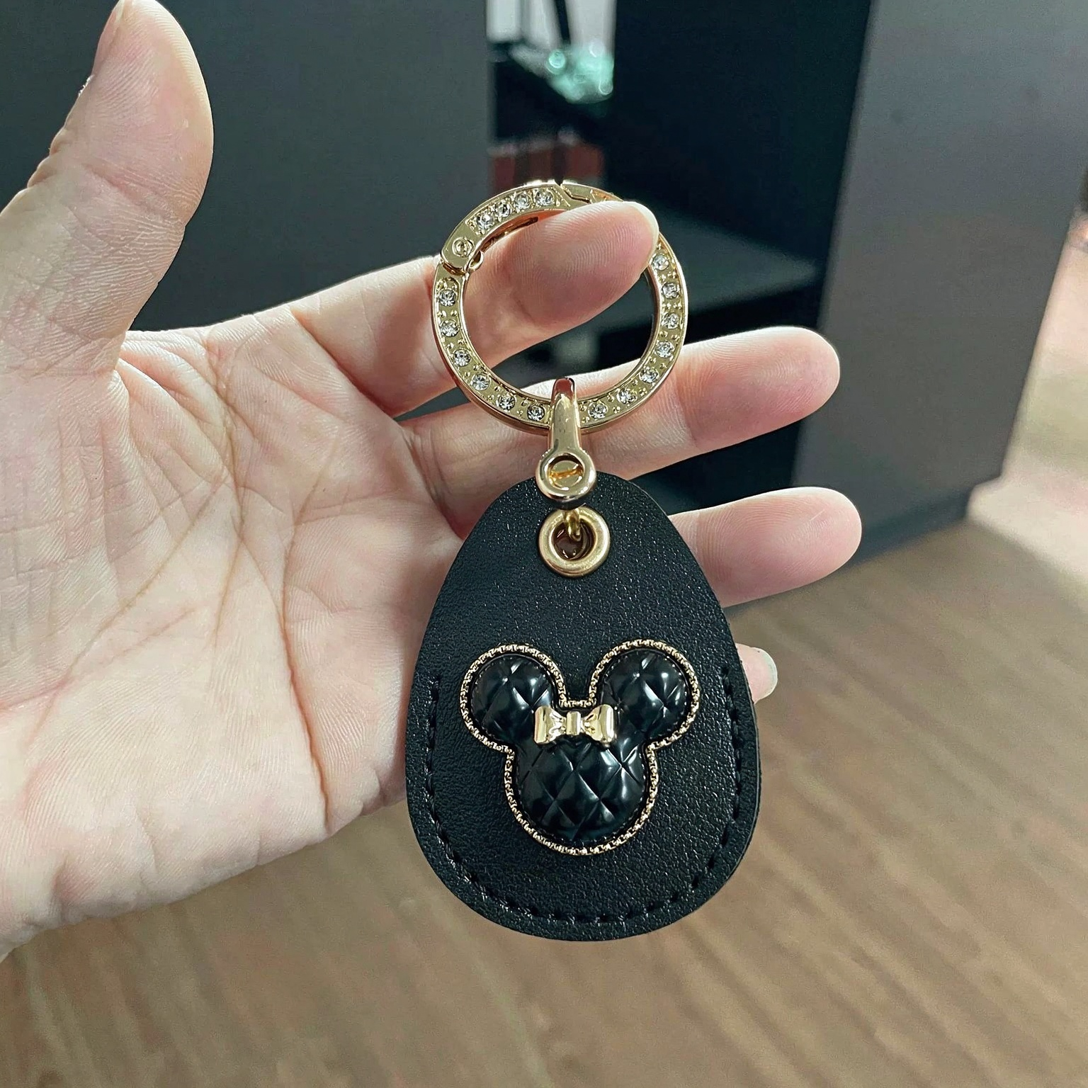 PU Leather Mickey Mouse Head Waterdrop Style Keyring Keychain Rhinestone Circle Netby