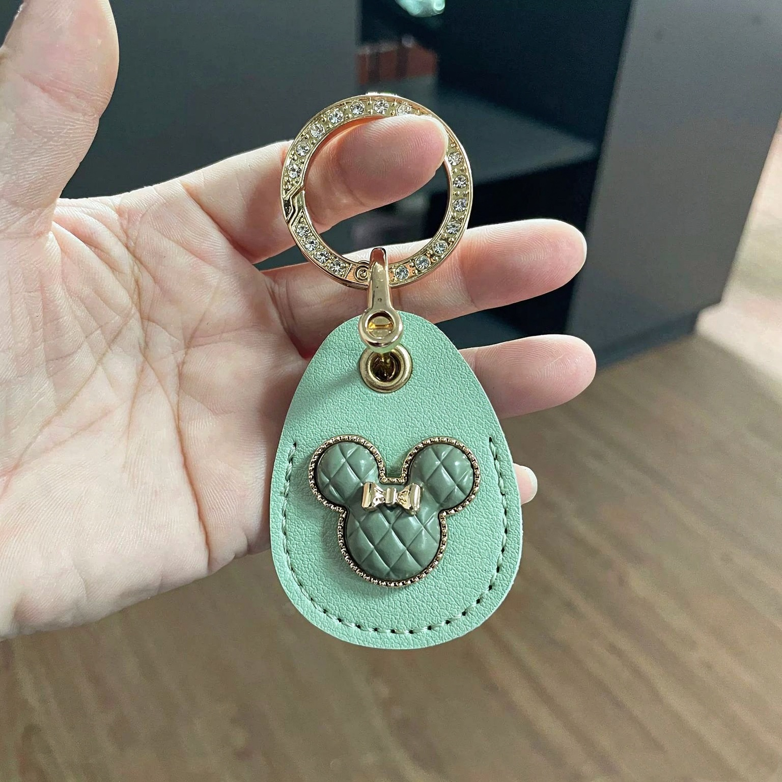 PU Leather Mickey Mouse Head Waterdrop Style Keyring Keychain Rhinestone Circle Netby
