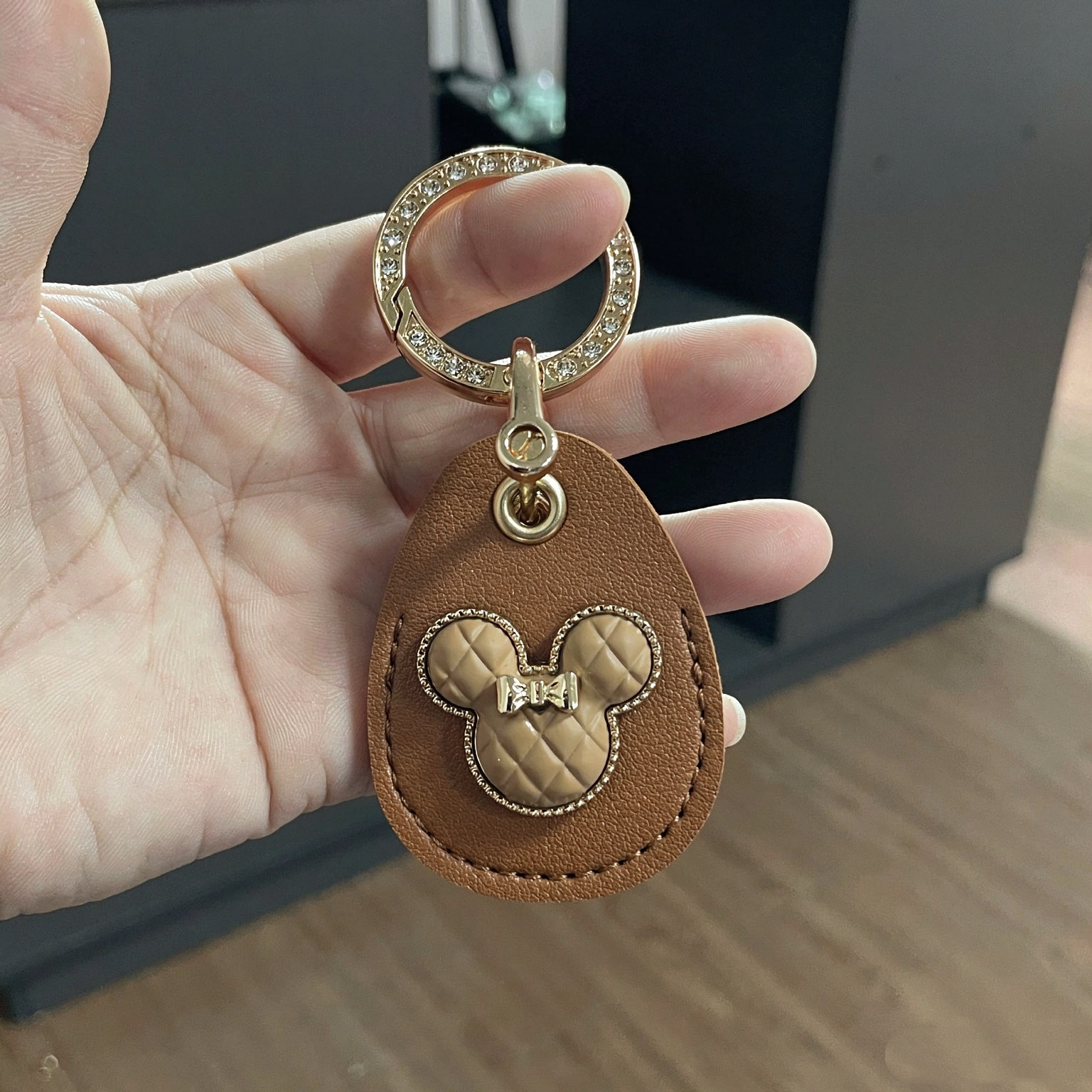 PU Leather Mickey Mouse Head Waterdrop Style Keyring Keychain Rhinestone Circle Netby