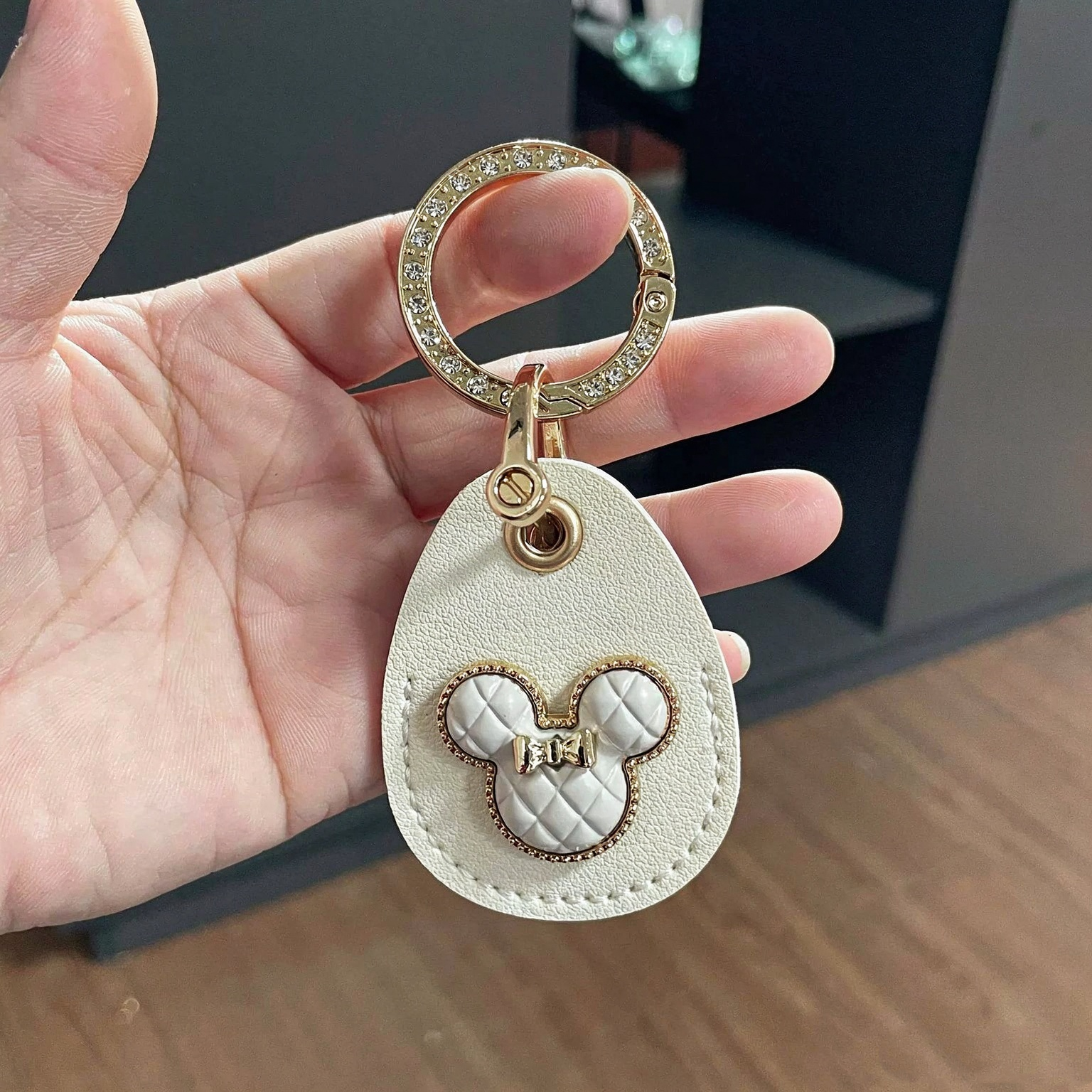 PU Leather Mickey Mouse Head Waterdrop Style Keyring Keychain Rhinestone Circle Netby