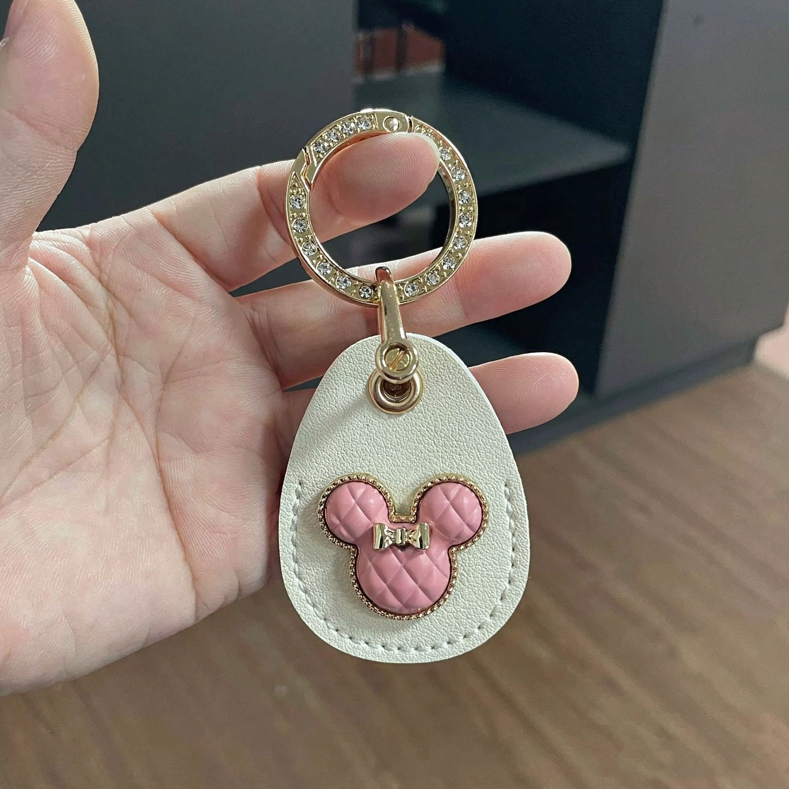 PU Leather Mickey Mouse Head Waterdrop Style Keyring Keychain Rhinestone Circle Netby