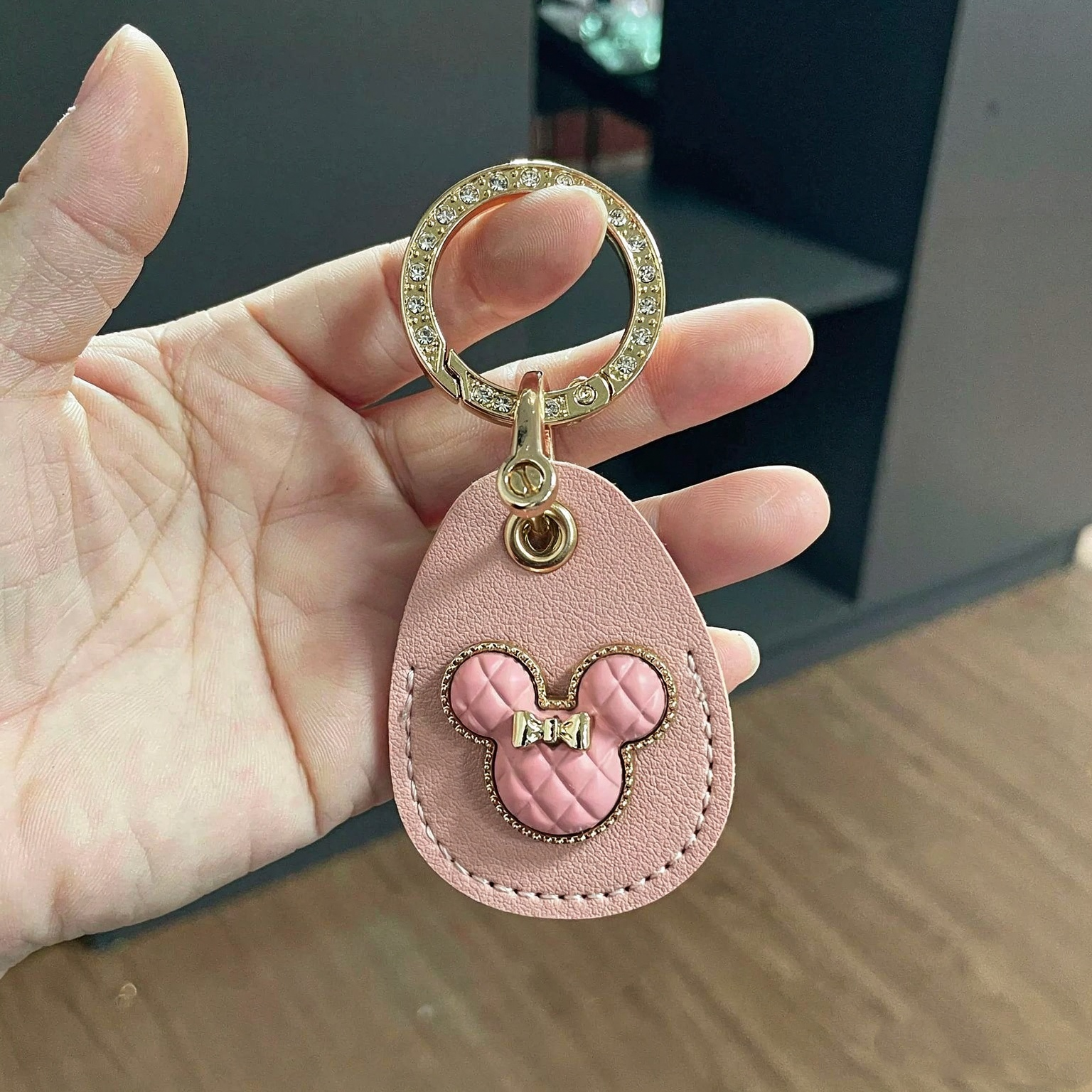 PU Leather Mickey Mouse Head Waterdrop Style Keyring Keychain Rhinestone Circle Netby