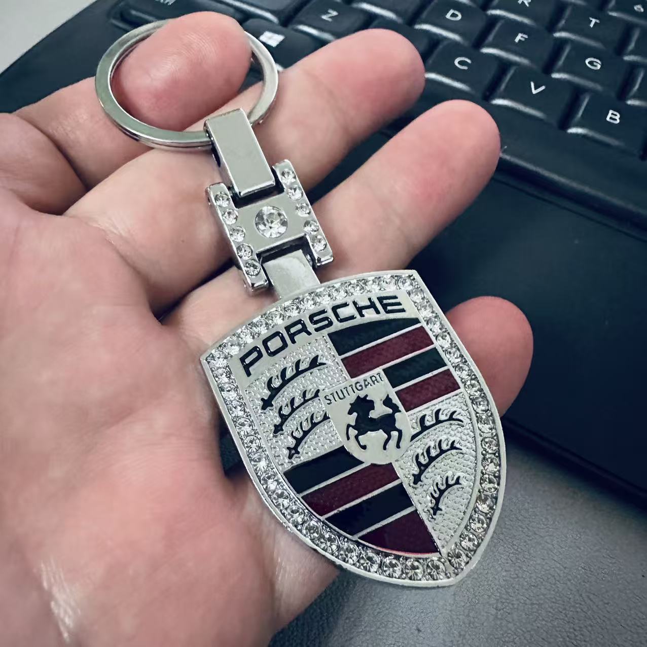 Metal Porsche Car Logo Logo Keyring Keychain with Rhinestone Silver Color Netby