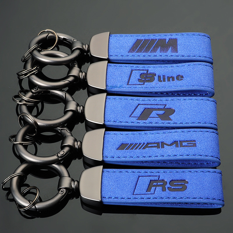 Blue Alcantara Leather Car Logo Keychain Keyring Keyfob for Audi Sline RS Benz AMG BMW M Volkswagen VW RLINE R LINE Netby