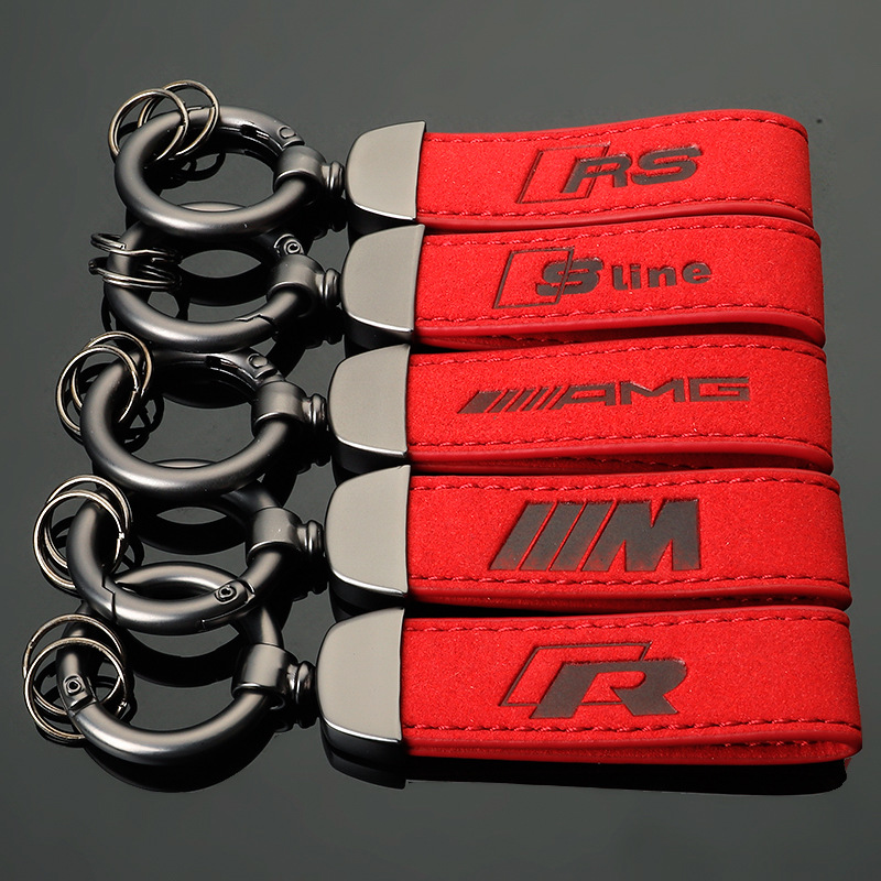 Red Alcantara Leather Car Logo Keychain Keyring Keyfob for Audi Sline RS Benz AMG BMW M Volkswagen VW R RLINE Netby