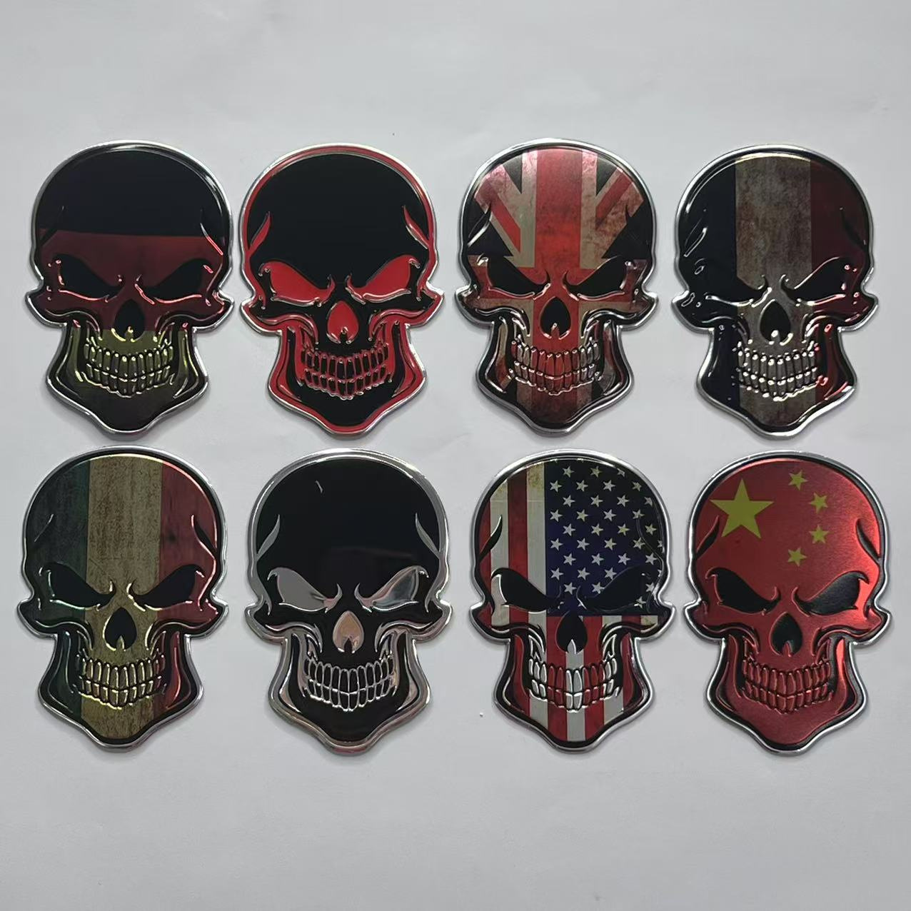 Metal Skull Car Sticker with National Flag of China USA Italy France Germany UK Netby