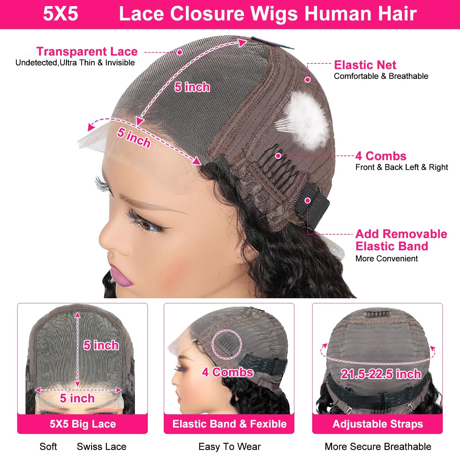 5x5 Deep Wave Remy Human Hair Lace Closure Wig for Women Natural Black Color WIGLTD