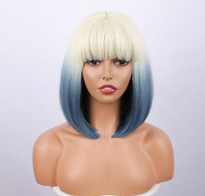 12 Inches Short Straight Synthetic Fiber Hair Bob Wig with Bangs High Temperature Fiber Full Machine Made Net Netby