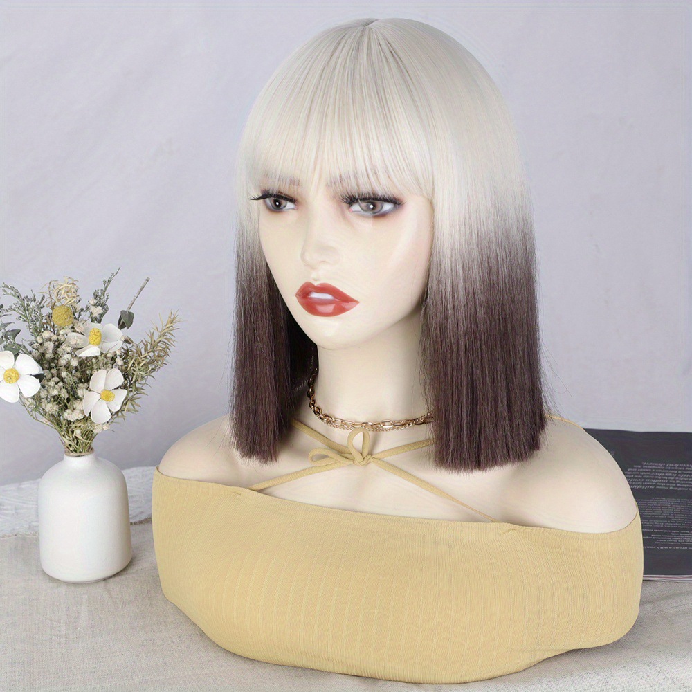12 Inches Short Straight Synthetic Fiber Hair Bob Wig with Bangs High Temperature Fiber Full Machine Made Net Netby