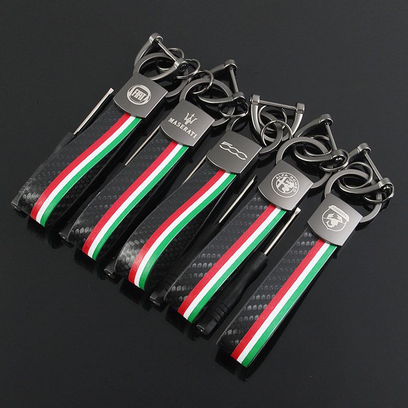 3 Strip Carbon Fiber Print Car Logo Keychain Keyring Keyfob for Alfa Romeo Abarth Fiat 500 Maserati Italy National Flag Netby
