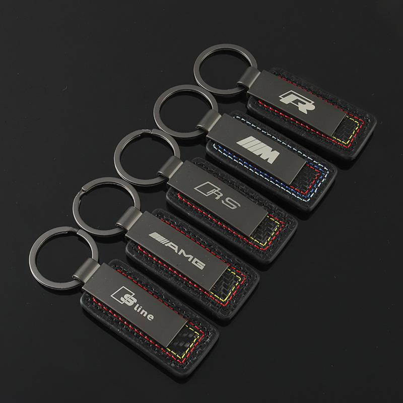 Leather Carbon Fiber Print Car Logo Keychain Keyring Keyfob for Audi Sline RS Benz AMG BMW M Volkswagen VW R RLINE Netby