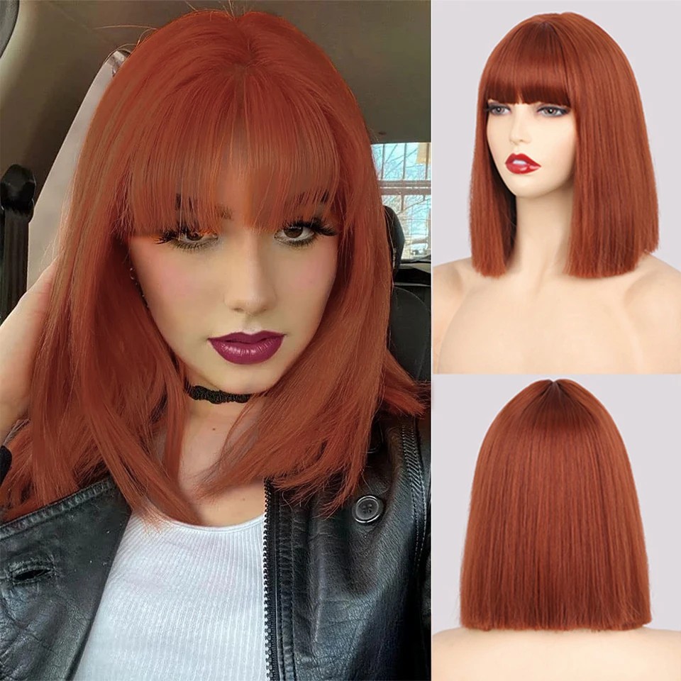 12 Inches Short Straight Synthetic Fiber Hair Bob Wig with Bangs High Temperature Fiber Full Machine Made Net Netby