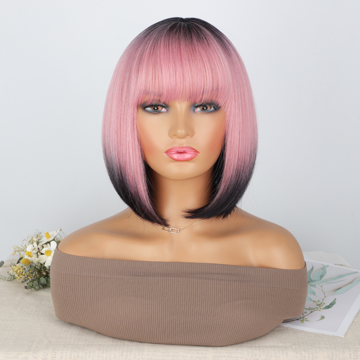 12 Inches Short Straight Synthetic Fiber Hair Bob Wig with Bangs High Temperature Fiber Full Machine Made Net Netby