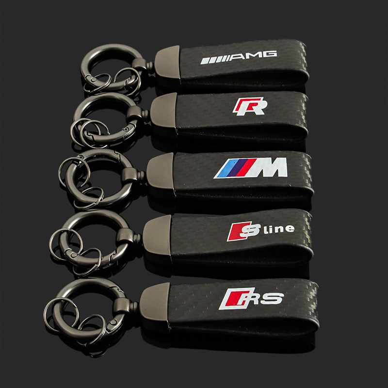 Leather Carbon Fiber Belt Car Logo Keychain Keyring Keyfob for Audi Sline RS Benz AMG BMW M Volkswagen VW R RLINE Netby